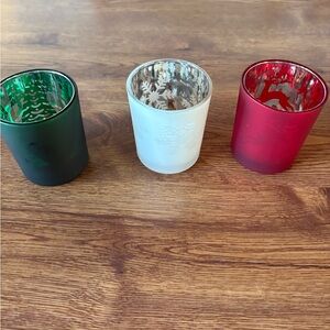 Vintage New Slatkin & Co. Set of 3 Etched Glass Holiday Tealight Holders